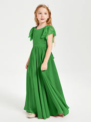 Chiffon Junior Bridesmaid Dresses with Lace Flutter Sleeves Green
