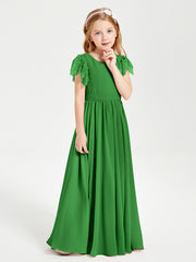 Chiffon Junior Bridesmaid Dresses with Lace Flutter Sleeves Green
