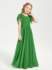 Chiffon Junior Bridesmaid Dresses with Lace Flutter Sleeves Green