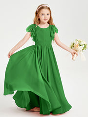 Chiffon Junior Bridesmaid Dresses with Lace Flutter Sleeves Green