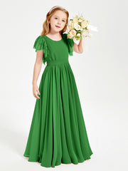 Chiffon Junior Bridesmaid Dresses with Lace Flutter Sleeves Green