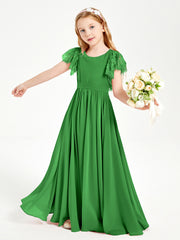 Chiffon Junior Bridesmaid Dresses with Lace Flutter Sleeves Green