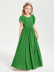 Chiffon Junior Bridesmaid Dresses with Lace Flutter Sleeves Green