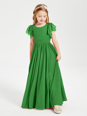 Chiffon Junior Bridesmaid Dresses with Lace Flutter Sleeves Green