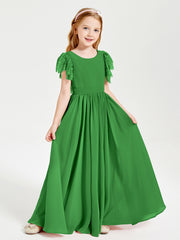 Chiffon Junior Bridesmaid Dresses with Lace Flutter Sleeves Green
