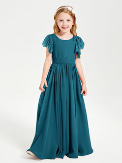 Chiffon Junior Bridesmaid Dresses with Lace Flutter Sleeves Ink Blue