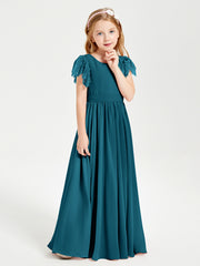 Chiffon Junior Bridesmaid Dresses with Lace Flutter Sleeves Ink Blue