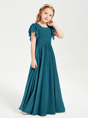 Chiffon Junior Bridesmaid Dresses with Lace Flutter Sleeves Ink Blue
