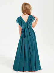 Chiffon Junior Bridesmaid Dresses with Lace Flutter Sleeves Ink Blue