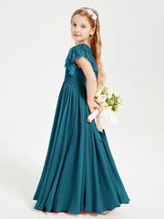 Chiffon Junior Bridesmaid Dresses with Lace Flutter Sleeves Ink Blue