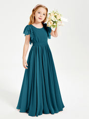 Chiffon Junior Bridesmaid Dresses with Lace Flutter Sleeves Ink Blue
