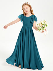 Chiffon Junior Bridesmaid Dresses with Lace Flutter Sleeves Ink Blue
