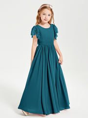 Chiffon Junior Bridesmaid Dresses with Lace Flutter Sleeves Ink Blue