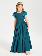 Chiffon Junior Bridesmaid Dresses with Lace Flutter Sleeves Ink Blue