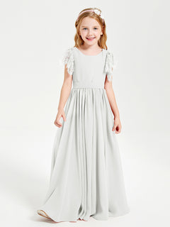 Chiffon Junior Bridesmaid Dresses with Lace Flutter Sleeves Ivory