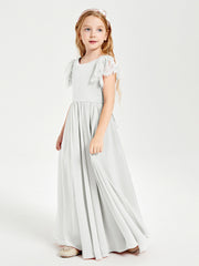 Chiffon Junior Bridesmaid Dresses with Lace Flutter Sleeves Ivory