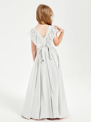 Chiffon Junior Bridesmaid Dresses with Lace Flutter Sleeves Ivory