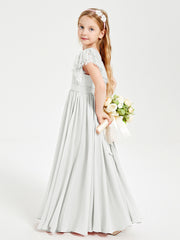Chiffon Junior Bridesmaid Dresses with Lace Flutter Sleeves Ivory
