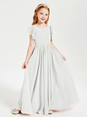 Chiffon Junior Bridesmaid Dresses with Lace Flutter Sleeves Ivory