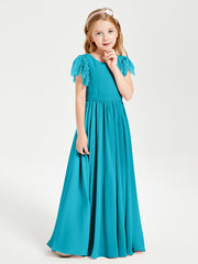 Chiffon Junior Bridesmaid Dresses with Lace Flutter Sleeves Jade