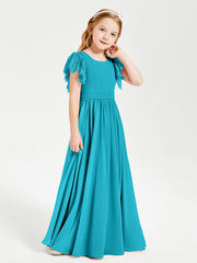 Chiffon Junior Bridesmaid Dresses with Lace Flutter Sleeves Jade
