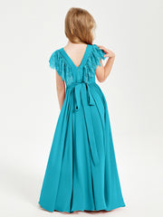Chiffon Junior Bridesmaid Dresses with Lace Flutter Sleeves Jade