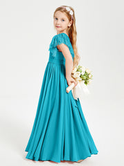Chiffon Junior Bridesmaid Dresses with Lace Flutter Sleeves Jade