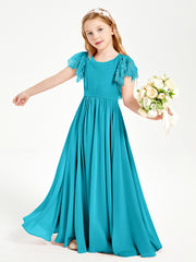 Chiffon Junior Bridesmaid Dresses with Lace Flutter Sleeves Jade