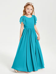 Chiffon Junior Bridesmaid Dresses with Lace Flutter Sleeves Jade