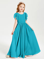 Chiffon Junior Bridesmaid Dresses with Lace Flutter Sleeves Jade