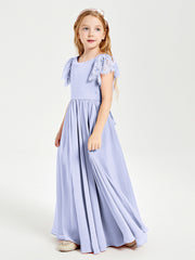 Chiffon Junior Bridesmaid Dresses with Lace Flutter Sleeves Lavender