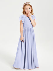Chiffon Junior Bridesmaid Dresses with Lace Flutter Sleeves Lavender