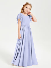 Chiffon Junior Bridesmaid Dresses with Lace Flutter Sleeves Lavender