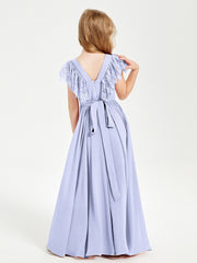 Chiffon Junior Bridesmaid Dresses with Lace Flutter Sleeves Lavender