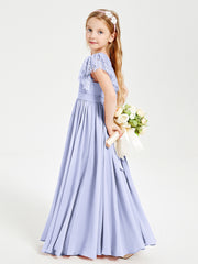 Chiffon Junior Bridesmaid Dresses with Lace Flutter Sleeves Lavender