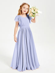 Chiffon Junior Bridesmaid Dresses with Lace Flutter Sleeves Lavender