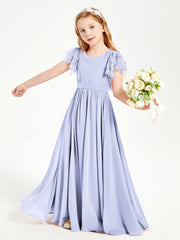 Chiffon Junior Bridesmaid Dresses with Lace Flutter Sleeves Lavender