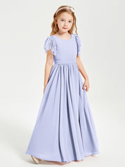 Chiffon Junior Bridesmaid Dresses with Lace Flutter Sleeves Lavender