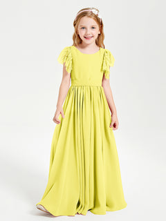 Chiffon Junior Bridesmaid Dresses with Lace Flutter Sleeves Lemon