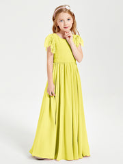 Chiffon Junior Bridesmaid Dresses with Lace Flutter Sleeves Lemon