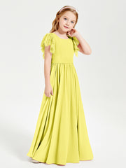 Chiffon Junior Bridesmaid Dresses with Lace Flutter Sleeves Lemon