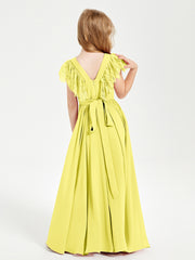 Chiffon Junior Bridesmaid Dresses with Lace Flutter Sleeves Lemon
