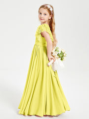 Chiffon Junior Bridesmaid Dresses with Lace Flutter Sleeves Lemon