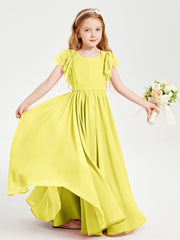 Chiffon Junior Bridesmaid Dresses with Lace Flutter Sleeves Lemon