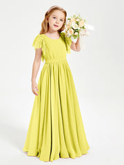 Chiffon Junior Bridesmaid Dresses with Lace Flutter Sleeves Lemon