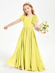 Chiffon Junior Bridesmaid Dresses with Lace Flutter Sleeves Lemon
