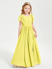 Chiffon Junior Bridesmaid Dresses with Lace Flutter Sleeves Lemon
