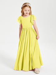 Chiffon Junior Bridesmaid Dresses with Lace Flutter Sleeves Lemon