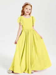 Chiffon Junior Bridesmaid Dresses with Lace Flutter Sleeves Lemon