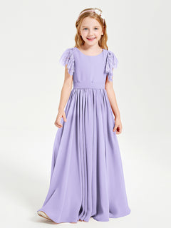 Chiffon Junior Bridesmaid Dresses with Lace Flutter Sleeves Lilac